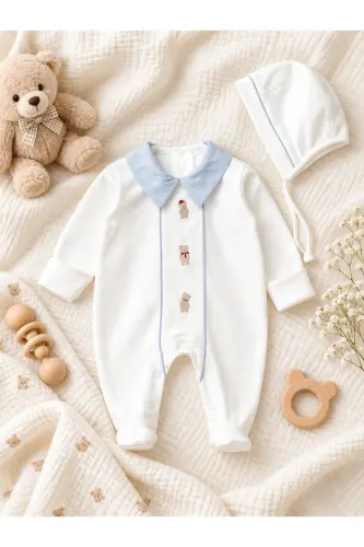 Erkek Bebek Ayıcık işlemeli %100 Pamuk Şapkalı Tulum Seti - Maviayı - limebabies (1)
