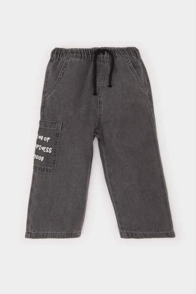 Erkek Bebek Beli Lastikli Cepli Baskılı Jean Pantolon-Antrasit - 3