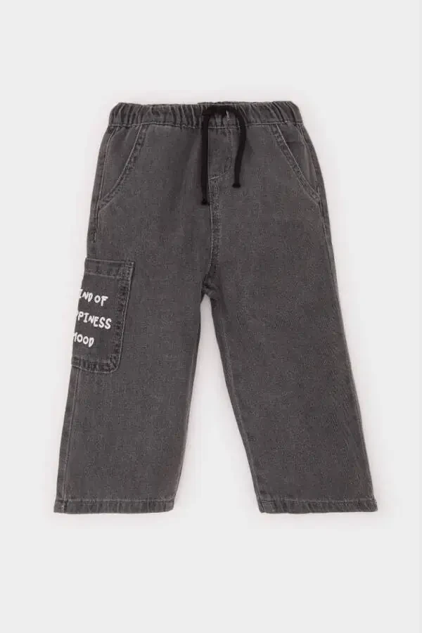 Erkek Bebek Beli Lastikli Cepli Baskılı Jean Pantolon-Antrasit - 3