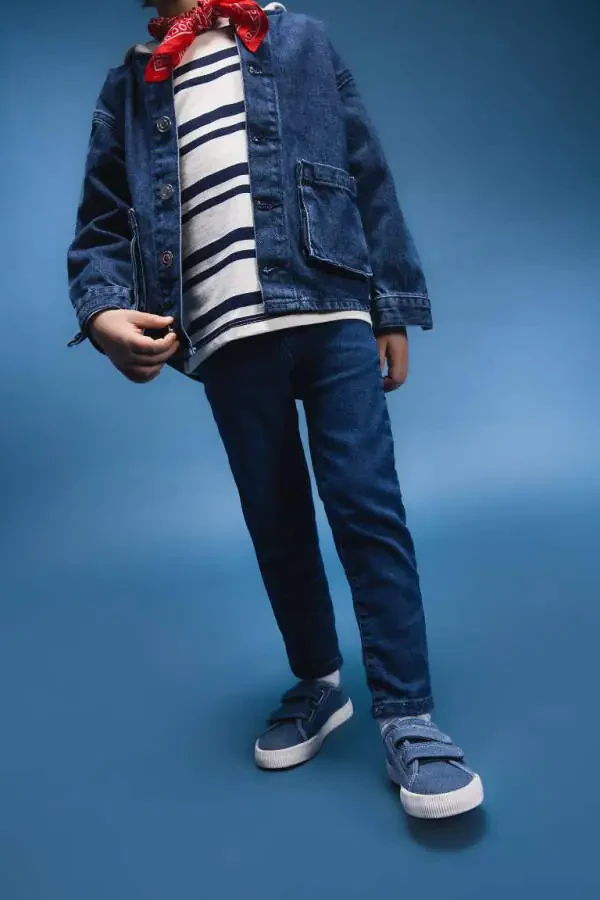 Erkek Bebek Beli Lastikli Düz Paça Basic Düz Jean Pantolon-Mint Mavi - 3