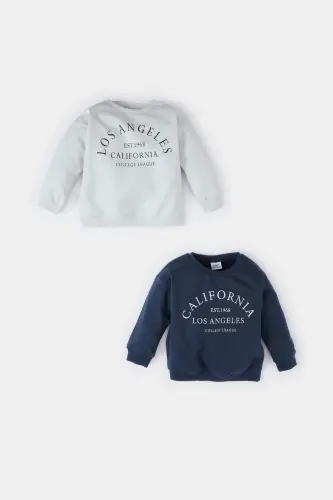 Erkek Bebek Bisiklet Yaka Baskılı İçi Yumuşak Tüylü 2li Sweatshirt D0709A524WN - 1