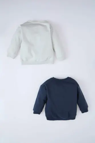 Erkek Bebek Bisiklet Yaka Baskılı İçi Yumuşak Tüylü 2li Sweatshirt D0709A524WN - 4