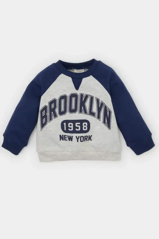 Erkek Bebek Bisiklet Yaka Baskılı İçi Yumuşak Tüylü Sweatshirt D5846A524WN - Lacivert-NV241 - 1