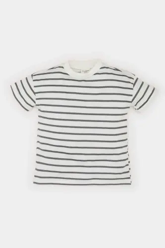 Erkek Bebek Bisiklet Yaka Çizgili Kısa Kollu Tişört E6740A525SM-Ekru - 1