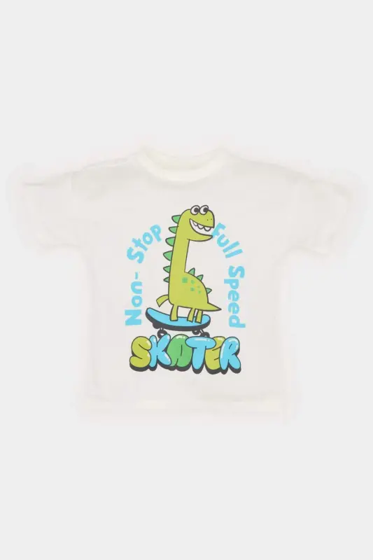 Bisiklet Yaka Dinozor Baskılı Kısa Kollu Tişört Erkek Bebek E5982A525SM - Ekru-ER85 - 1