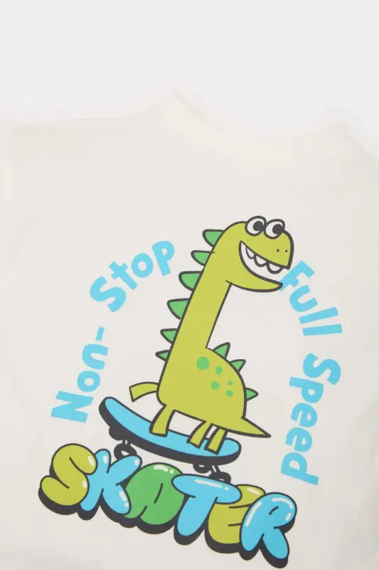 Bisiklet Yaka Dinozor Baskılı Kısa Kollu Tişört Erkek Bebek E5982A525SM - Ekru-ER85 - 2