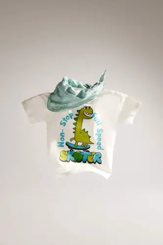 Bisiklet Yaka Dinozor Baskılı Kısa Kollu Tişört Erkek Bebek E5982A525SM - Ekru-ER85 - 5