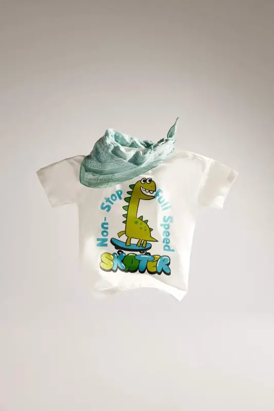 Bisiklet Yaka Dinozor Baskılı Kısa Kollu Tişört Erkek Bebek E5982A525SM - Ekru-ER85 - 5
