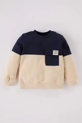 Erkek Bebek Bisiklet Yaka Renk Bloklu İçi Yumuşak Tüylü Sweatshirt A9753A524WN - Lacivert-NV256 - 1