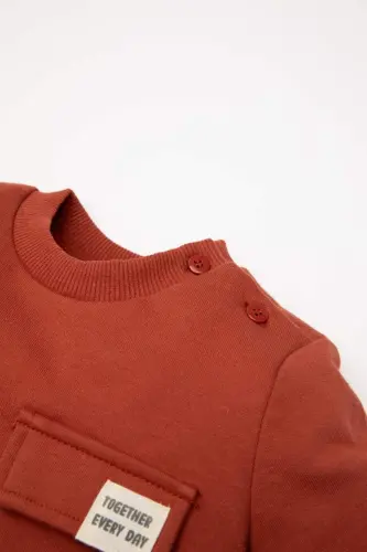 Erkek Bebek Bisiklet Yaka Renk Bloklu İçi Yumuşak Tüylü Sweatshirt-Koyu Turuncu - DEFACTO (1)