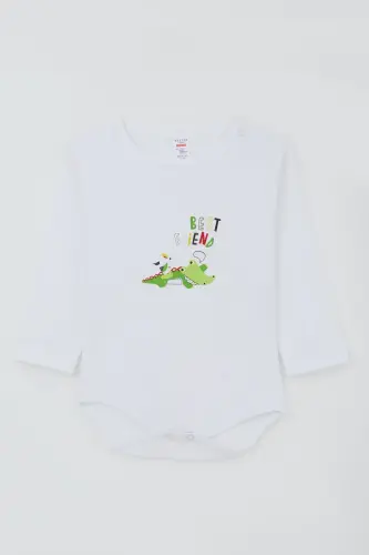 Erkek Bebek Çıtçıtlı Body Timsah Baskılı 9 Ay-3 Yaş, Beyaz - Beyaz - 1