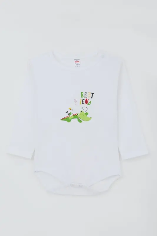 Erkek Bebek Çıtçıtlı Body Timsah Baskılı 9 Ay-3 Yaş, Beyaz - Beyaz - 1