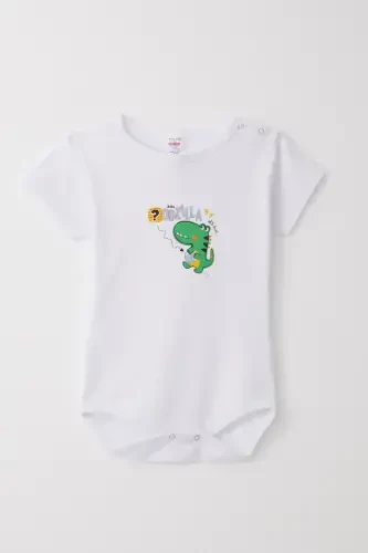 Erkek Bebek Çıtçıtlı Zıbın Body Eğlenceli Dinozor Baskılı 9 Ay-3 Yaş, Beyaz - 1