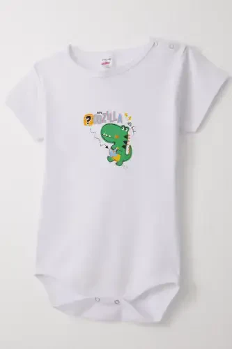 Erkek Bebek Çıtçıtlı Zıbın Body Eğlenceli Dinozor Baskılı 9 Ay-3 Yaş, Beyaz - 3