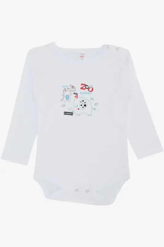 Erkek Bebek Çıtçıtlı Zıbın Body Hayvanat Bahçesi Dost Hayvanlar Baskılı 9 Ay-3 Yaş, Beyaz-Beyaz - 2