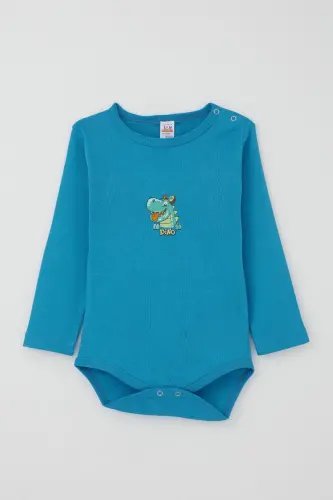 Erkek Bebek Çıtçıtlı Zıbın Body Mutlu Dinozor Baskılı 9 Ay-3 Yaş, Mavi - Mavi - 1