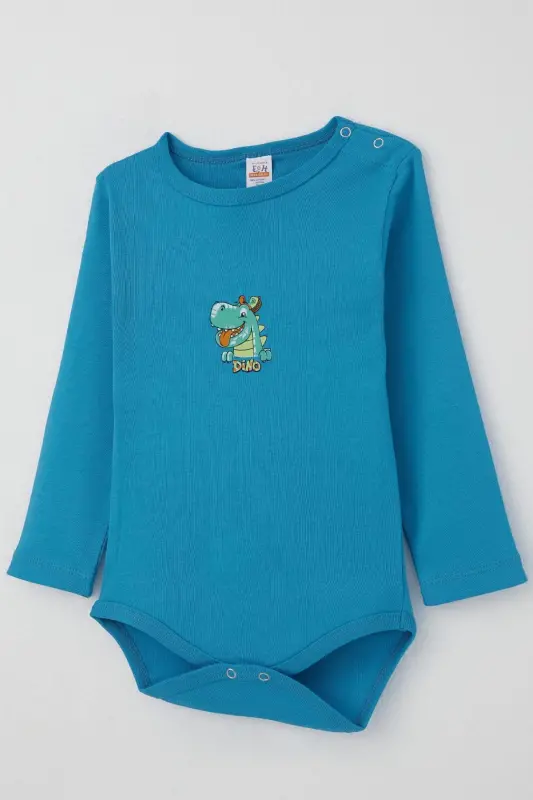 Erkek Bebek Çıtçıtlı Zıbın Body Mutlu Dinozor Baskılı 9 Ay-3 Yaş, Mavi - Mavi - 3