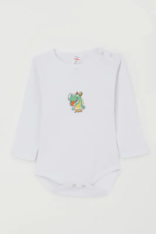 Erkek Bebek Çıtçıtlı Zıbın Body Mutlu Dinozor Baskılı 9 Ay-3 Yaş, Beyaz - BREEZE