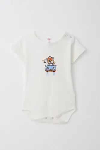 Erkek Bebek Çıtçıtlı Zıbın Body Neşeli Şöför Ayıcık 9 Ay-3 Yaş, Ekru - 1