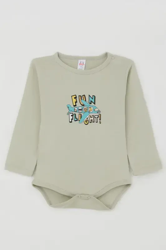 Erkek Bebek Çıtçıtlı Zıbın Body Pilot Hayvancıklar Baskılı 9 Ay-3 Yaş, Su Yeşili - 1