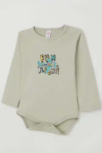 Erkek Bebek Çıtçıtlı Zıbın Body Pilot Hayvancıklar Baskılı 9 Ay-3 Yaş, Su Yeşili - 3