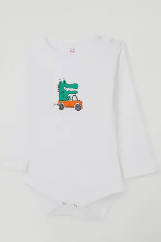 Erkek Bebek Çıtçıtlı Zıbın Body Şoför Timsahcık Baskılı 9 Ay-3 Yaş, Ekru - Ekru - 3