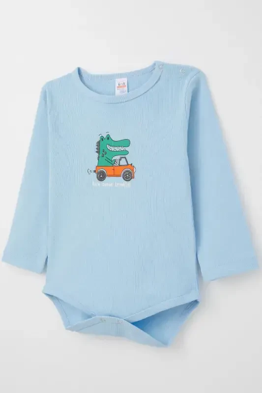 Erkek Bebek Çıtçıtlı Zıbın Body Şoför Timsahcık Baskılı 9 Ay-3 Yaş, Mavi - 3
