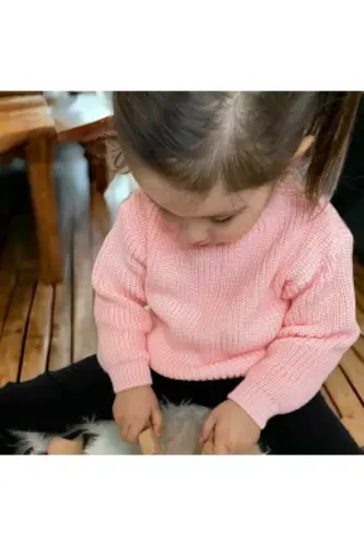 Erkek Bebek Çocuk Kız Bebek Çocuk Bisiklet Yaka Oversize Triko Kazak - Somon - 2