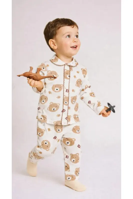 Erkek Bebek Çocuk Pamuklu Oyali Pijama Takımı Hediyelik-Kahverengi1 - BUUFUU