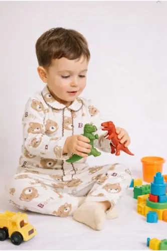 Erkek Bebek Çocuk Pamuklu Oyali Pijama Takımı Hediyelik - Kahverengi1 - BUUFUU (1)