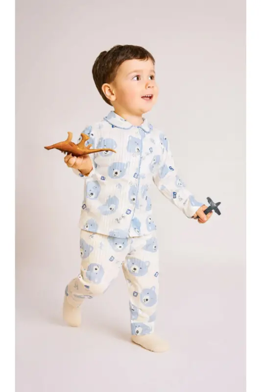 Erkek Bebek Çocuk Pamuklu Oyali Pijama Takımı Hediyelik-mavi1 - BUUFUU
