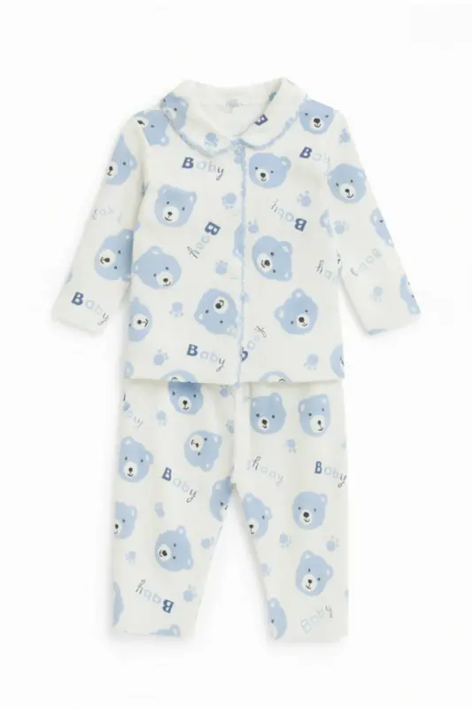 Erkek Bebek Çocuk Pamuklu Oyali Pijama Takımı Hediyelik-mavi1 - 2