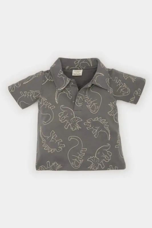 Polo Yaka Dinozor Desenli Kısa Kollu Tişört Erkek Bebek E4787A525SM - Gri-GR452 - 1