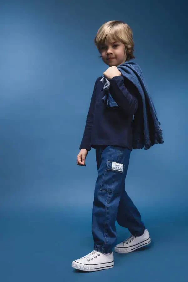 Erkek Bebek Esnek Bantlı Paça Jean Pantolon-Mint Mavi - 1