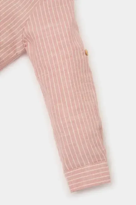 Erkek Bebek Flamlı Poplin Uzun Kollu Çizgili Gömlek-Açık Gülkurusu - 3