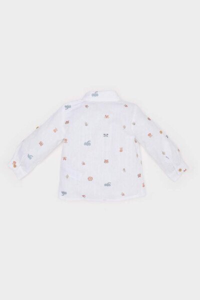 Erkek Bebek Hayvan Desenli Flamlı Poplin Uzun Kollu Gömlek-Ekru - 4