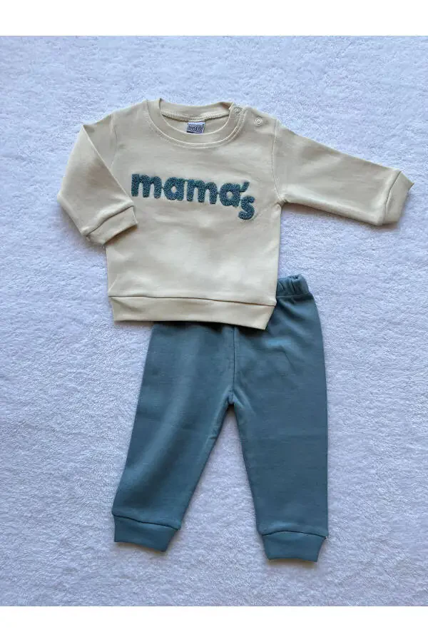 Erkek Bebek Mama's İşlemeli 2'li Sweatshirt ve Pantolon Takımı 4-açık mavi - 6