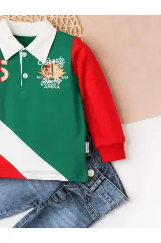 Erkek bebek pamuklu polo takım pantolon üst ikili takım düğün doğum günü nişan nikah bayram-Yeşil - 3