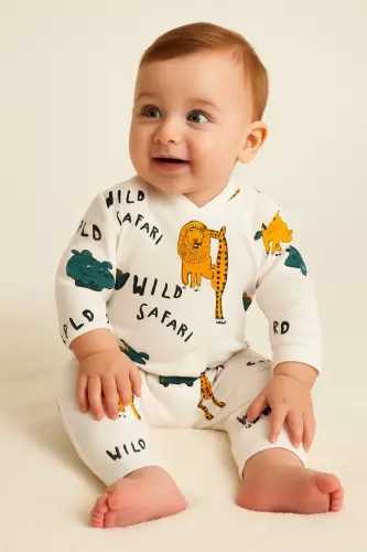 Erkek Bebek Safari Baskılı Çıtçıtlı Yenidoğan Bebek Tulumu %100 Pamuk Esnek 1-3-6 Aylık-Beyaz Safari - 2