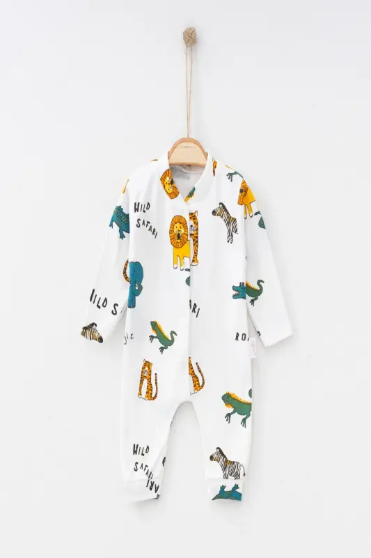 Erkek Bebek Safari Baskılı Çıtçıtlı Yenidoğan Bebek Tulumu %100 Pamuk Esnek 1-3-6 Aylık-Beyaz Safari - 3