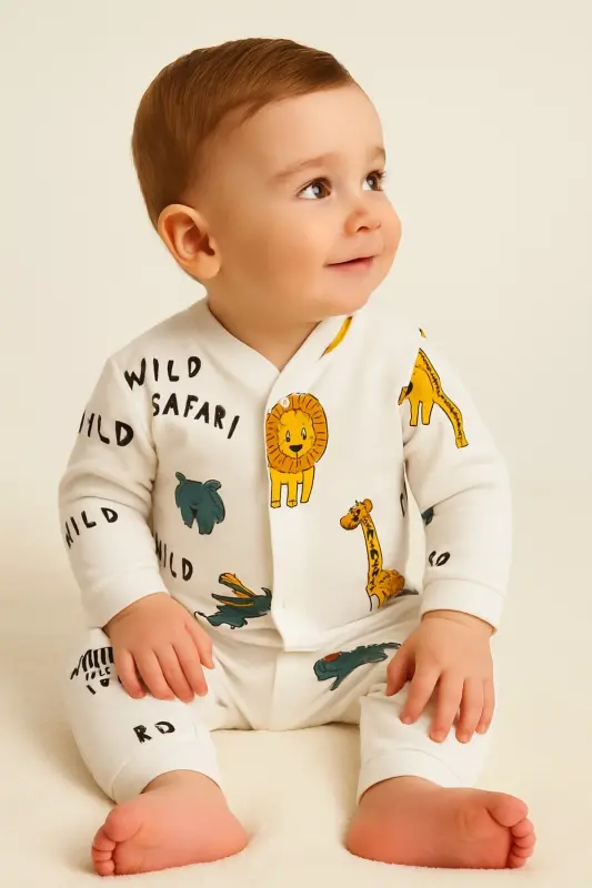 Erkek Bebek Safari Baskılı Çıtçıtlı Yenidoğan Bebek Tulumu %100 Pamuk Esnek 1-3-6 Aylık - Beyaz Safari - 1