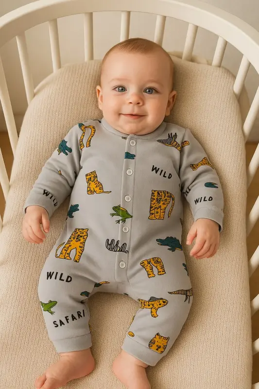 Erkek Bebek Safari Baskılı Çıtçıtlı Yenidoğan Bebek Tulumu %100 Pamuk Esnek 1-3-6 Aylık-Kum Gri Safari - 2