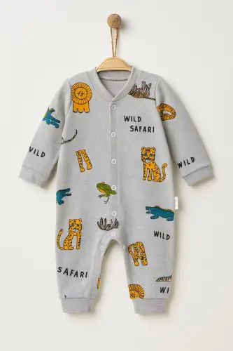 Erkek Bebek Safari Baskılı Çıtçıtlı Yenidoğan Bebek Tulumu %100 Pamuk Esnek 1-3-6 Aylık-Kum Gri Safari - 3