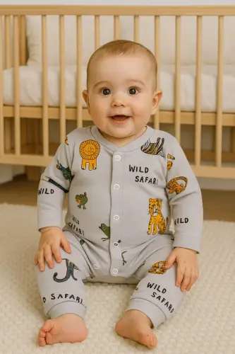 Erkek Bebek Safari Baskılı Çıtçıtlı Yenidoğan Bebek Tulumu %100 Pamuk Esnek 1-3-6 Aylık-Kum Gri Safari 
