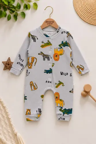 Erkek Kız Unısex Bebek Baskılı Çıtçıtlı Yenidoğan Tulumu %100 Pamuk Esnek 1-3-6aylık - Kum Gri Safari 