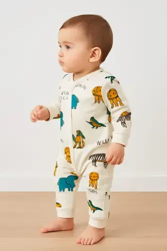 Erkek Bebek Safari Baskılı Çıtçıtlı Yenidoğan Bebek Tulumu %100 Pamuk Esnek 1-3-6 Aylık-SAFARİ - DINAMIK ÇOCUK (1)