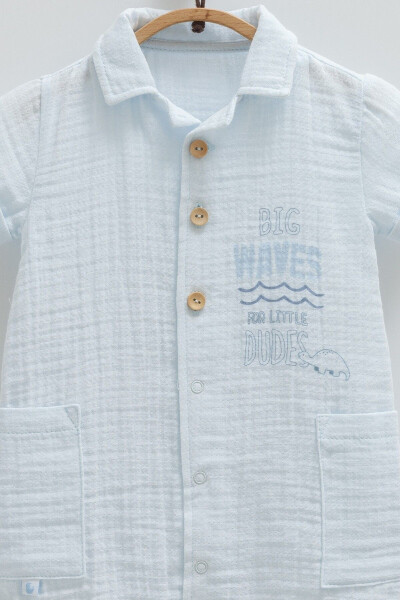 %100 PAMUK MÜSLİN KUMAŞ ERKEK BEBEK TULUMU ÇİFT CEP DETAYLI-Mavi - 4