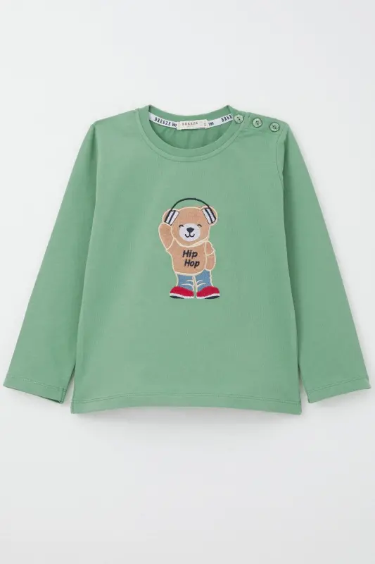 Erkek Bebek Uzun Kollu Tişört Hip Hop Ayıcık Nakışlı 9 Ay-3 Yaş, Mint Yeşili - Mint Yeşili - 2