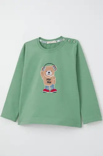 Erkek Bebek Uzun Kollu Tişört Hip Hop Ayıcık Nakışlı 9 Ay-3 Yaş, Mint Yeşili - Mint Yeşili - 4