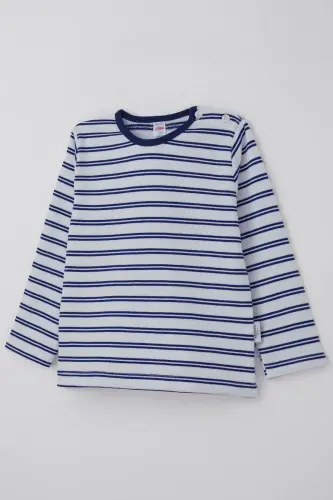 Erkek Bebek Uzun Kollu Tişört Patlı Çizgili 9 Ay-3 Yaş, Beyaz-Beyaz - 3